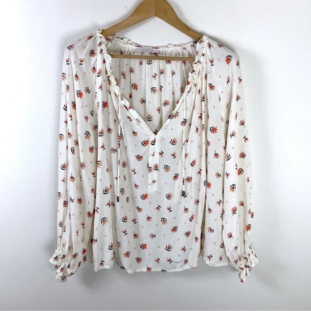 Olivaceous Long Sleeve Floral V-neck Romantic Blouse